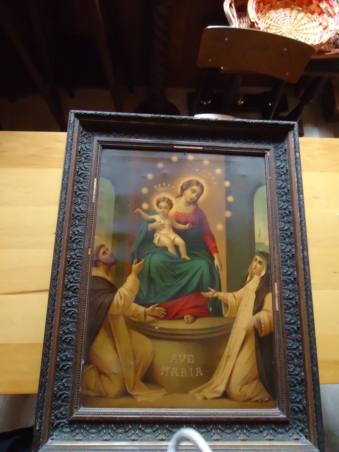 Madonna di Pompei, Madonna con Bambino che consegna il Rosario a due domenicani (stampa a colori) - ambito italiano (fine sec. XIX)