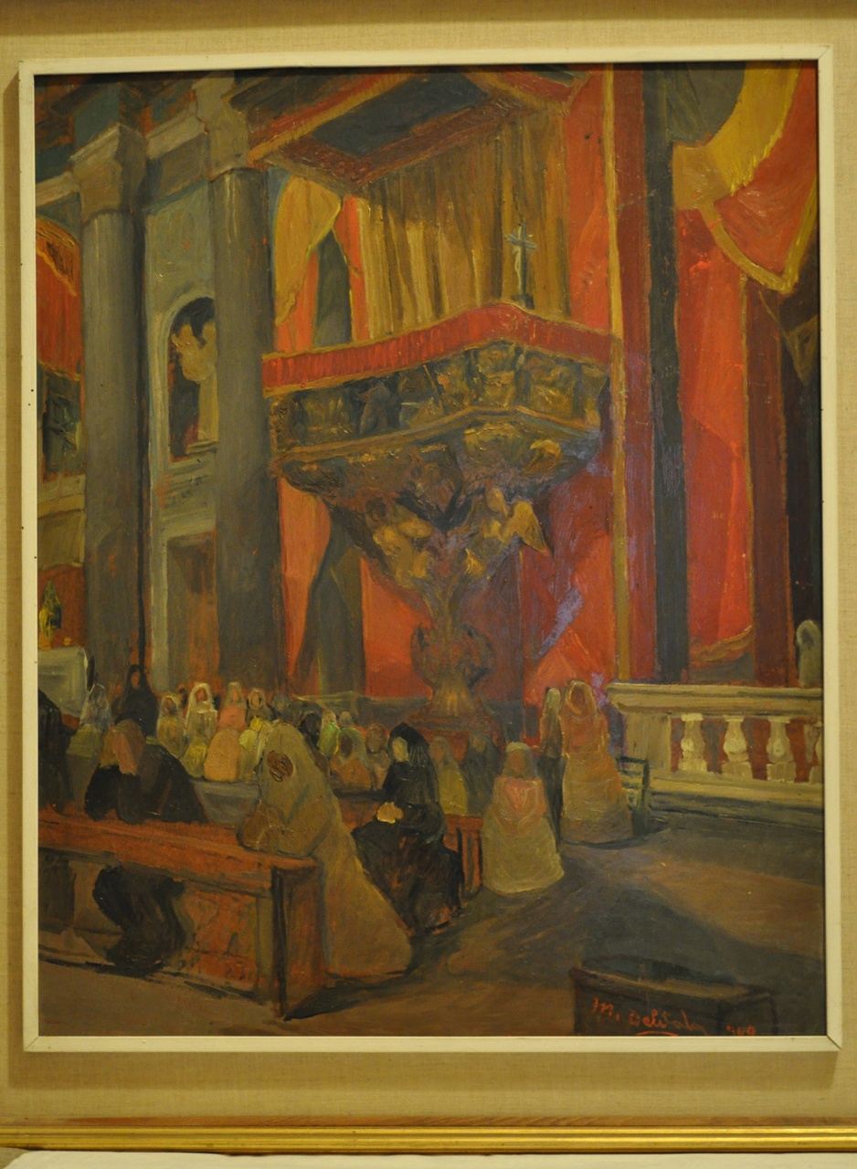 Le Cresimande a Santa Maria, interno di una chiesa (dipinto) di Delitala Mario (sec. XX)