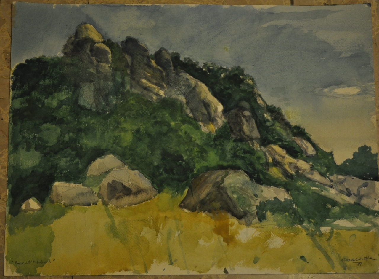 Rocce dell'Ortobene, paesaggio roccioso (dipinto) di Delitala Mario (sec. XX)