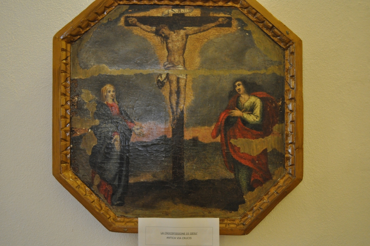 Crocifissione di Cristo, Cristo crocifisso con la Madonna e San Giovanni Evangelista (dipinto) - ambito sardo (prima meta' sec. XVII)