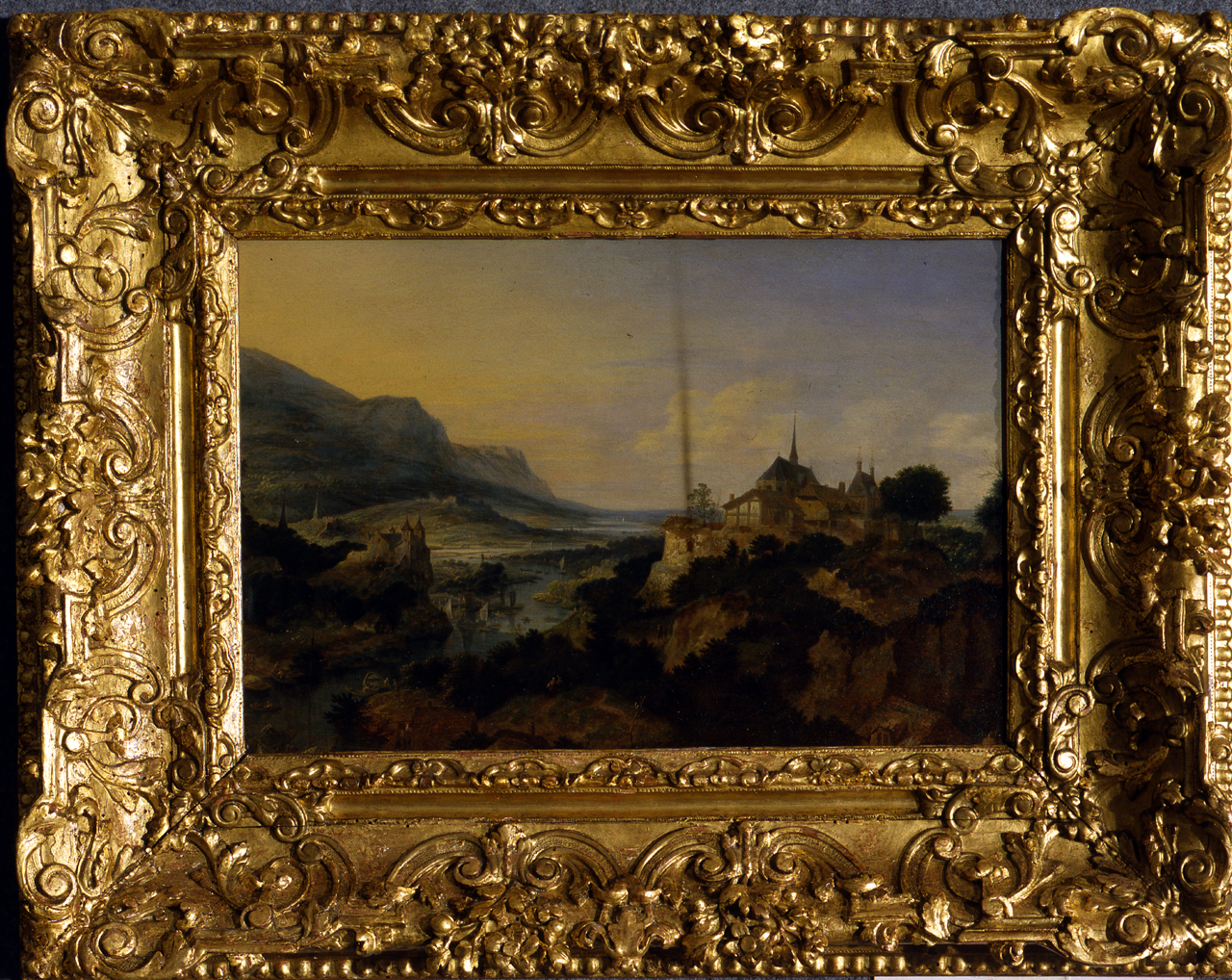paesaggio montuoso con villaggio, fiume e barche (dipinto, opera isolata) di Griffier Jan I (cerchia) - ambito olandese (primo quarto sec. XVIII)