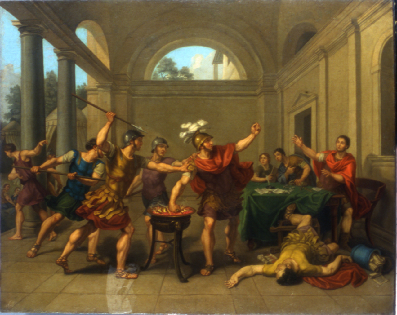 Muzio Scevola, Muzio Scevola davanti a Porsenna mette la mano destra nel fuoco (dipinto, opera isolata) di Pécheux Lorenzo (fine sec. XVIII)