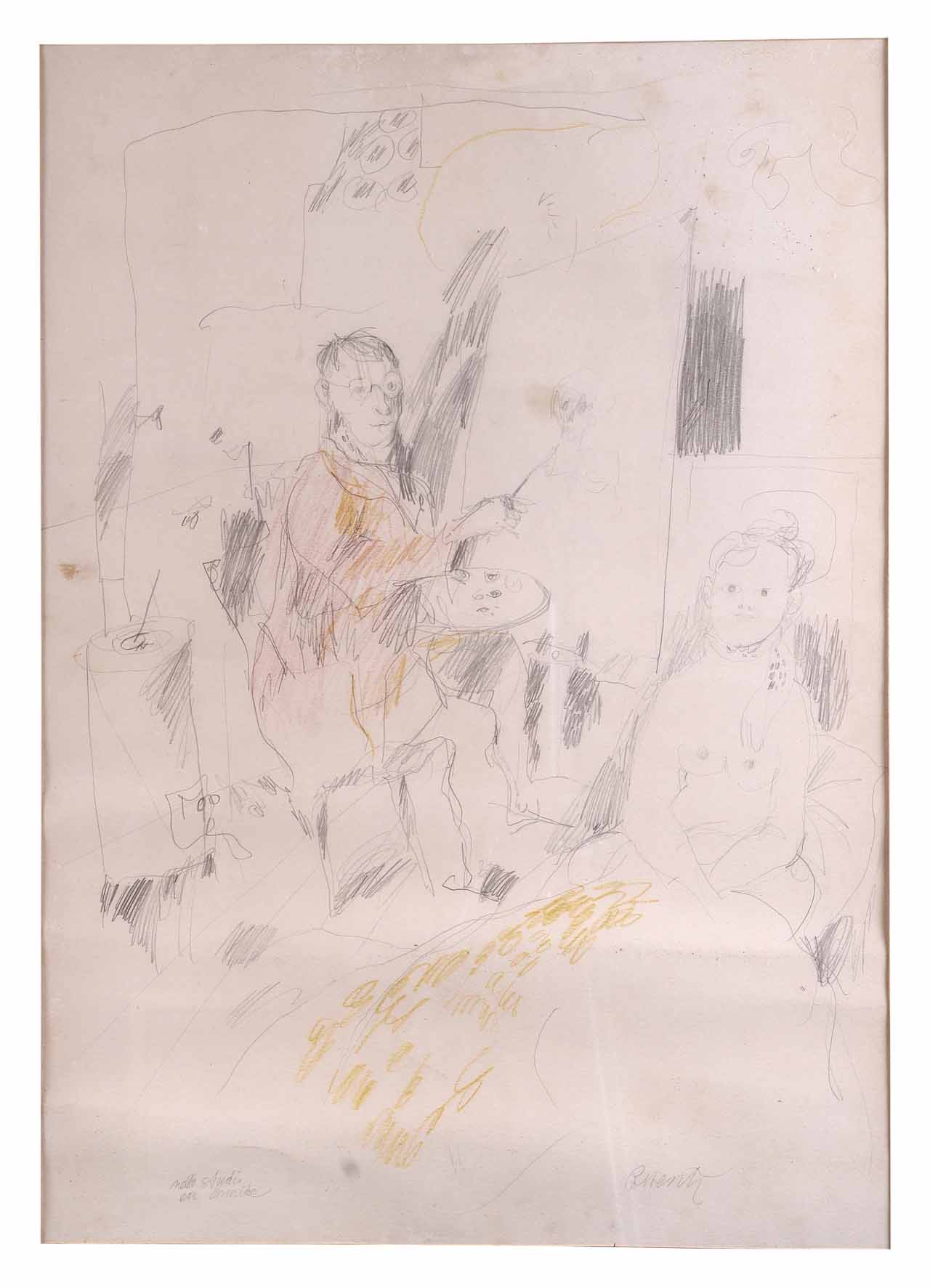 Nello studio con Armida, studio del pittore (disegno) di Possenti Antonio (attribuito) (sec. XX)