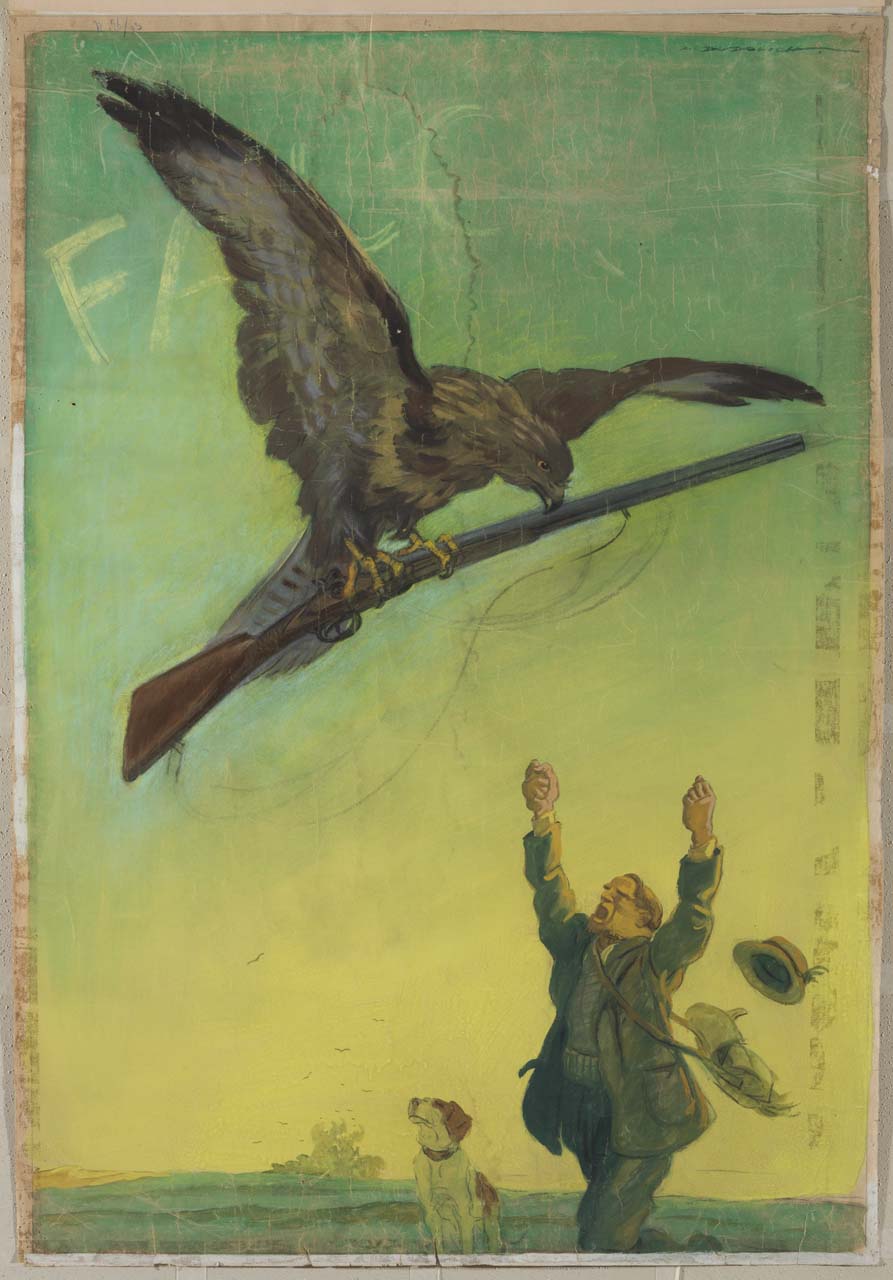Falc, uccello predatore sottrae il fucile a un cacciatore (dipinto) di Dudovich Marcello (secondo quarto sec. XX)