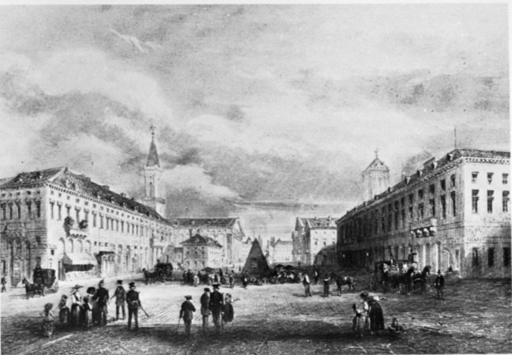 Karlsruhe - Marktplatz - Rathaus - Pfarrkirche - veduta (negativo) di Weinbrenner, Friedrich, anonimo (seconda meta' XX)