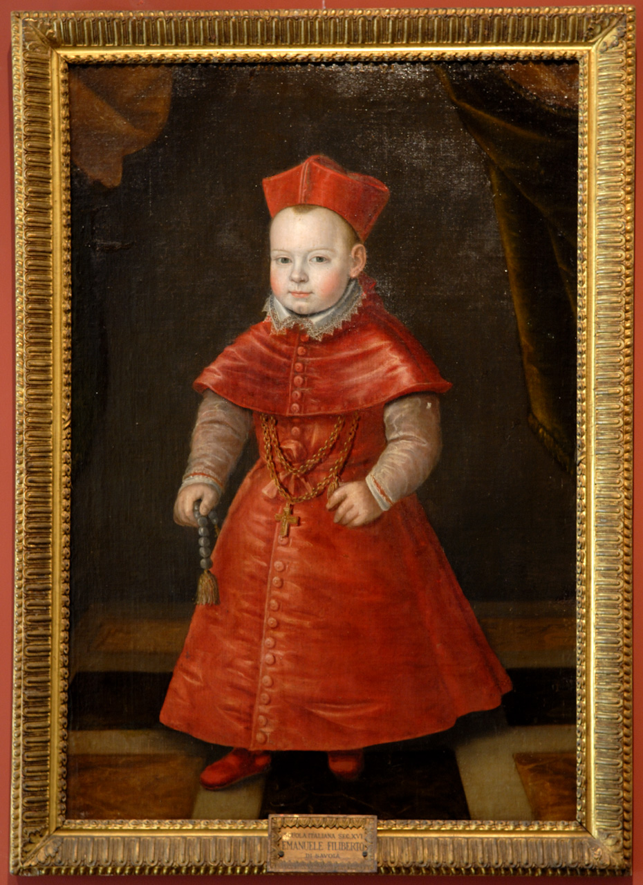 ritratto di Maurizio di Savoia bambino in abito cardinalizio (dipinto, opera isolata) di Caracca Giovanni (bottega) (fine sec. XVI)