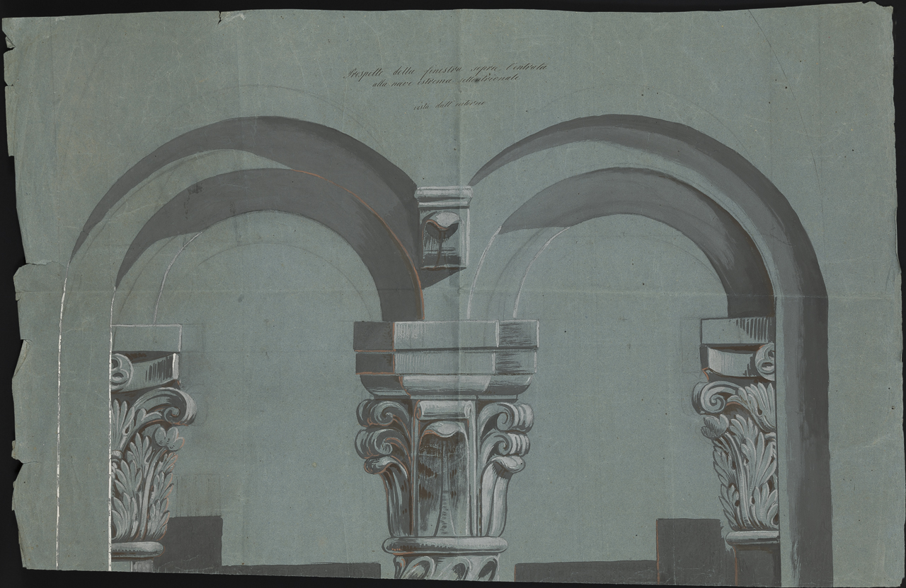 prospetto di finestra bifora (disegno, elemento d'insieme) di Isella Pietro (attribuito) (sec. XIX)