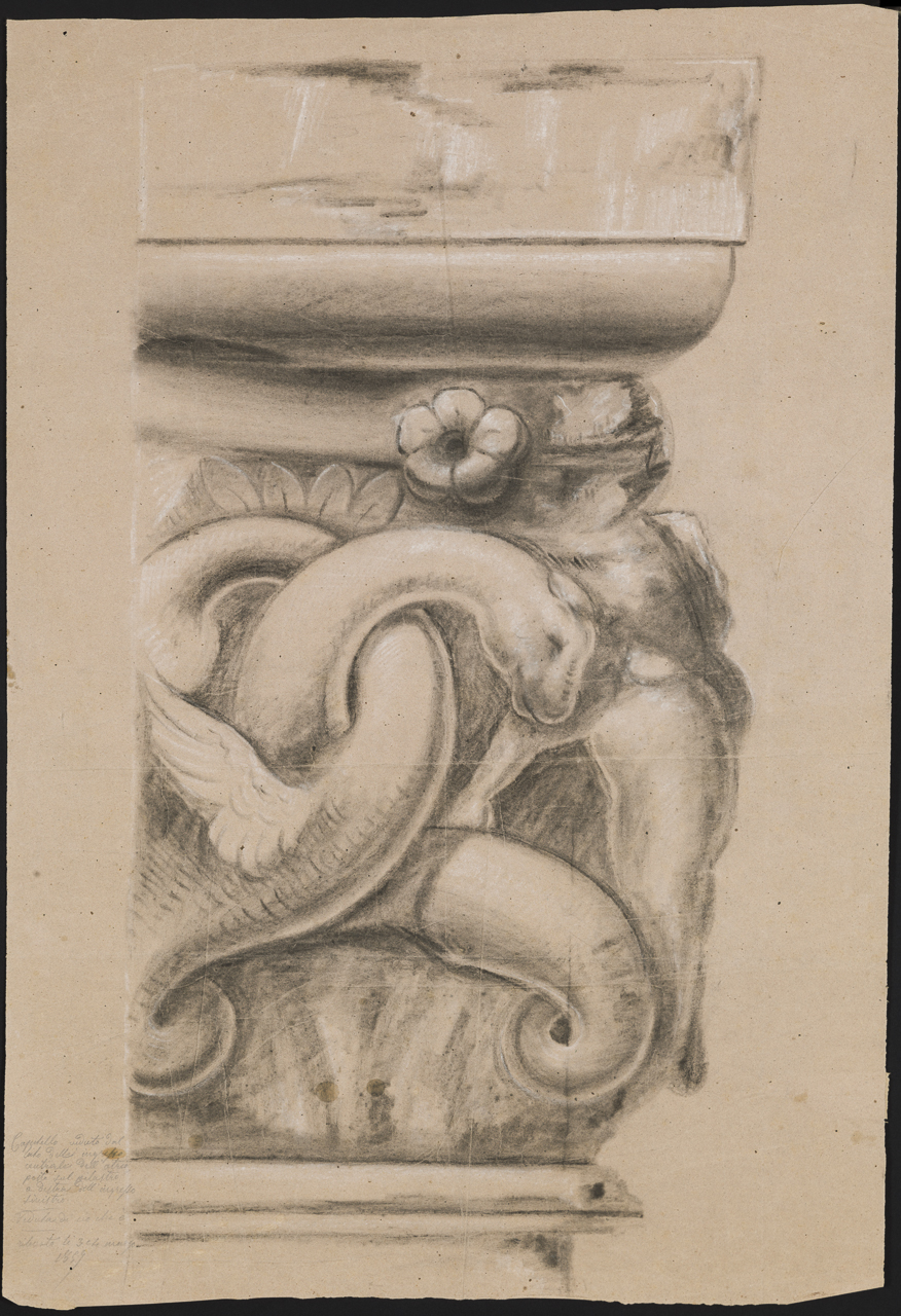 prospetto di capitello con draghi alati, foglie e figura umana acefala (disegno, opera isolata) di Isella Pietro (attribuito) (sec. XIX)
