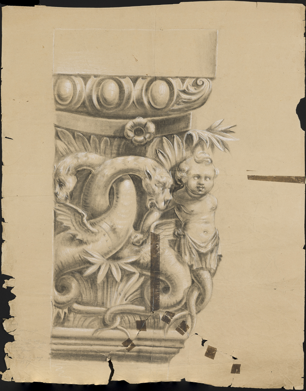 prospetto di capitello con draghi alati, foglie e putto (disegno, opera isolata) di Isella Pietro (attribuito) (sec. XIX)