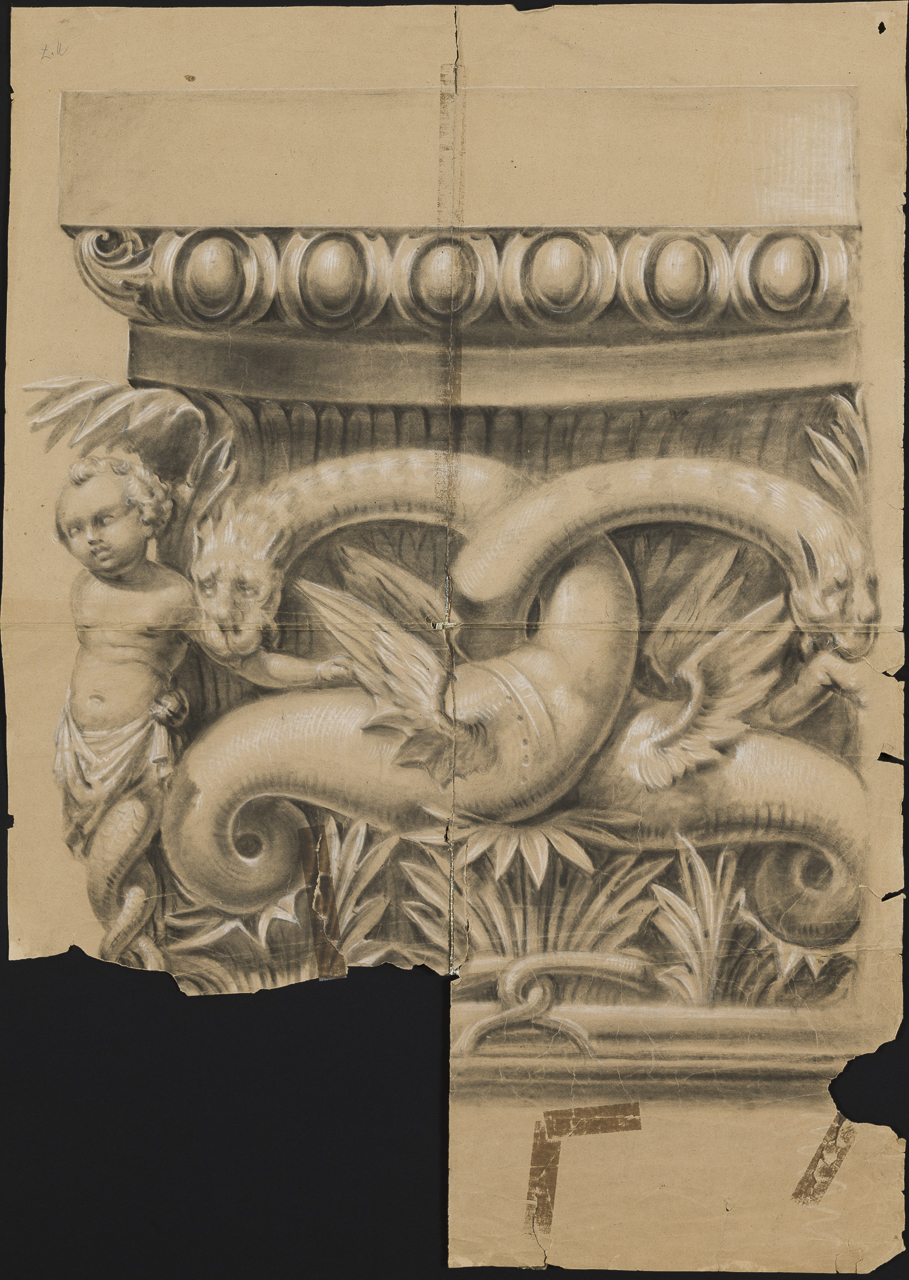 prospetto di capitello con draghi alati, foglie e putto (disegno, opera isolata) di Isella Pietro (attribuito) (sec. XIX)