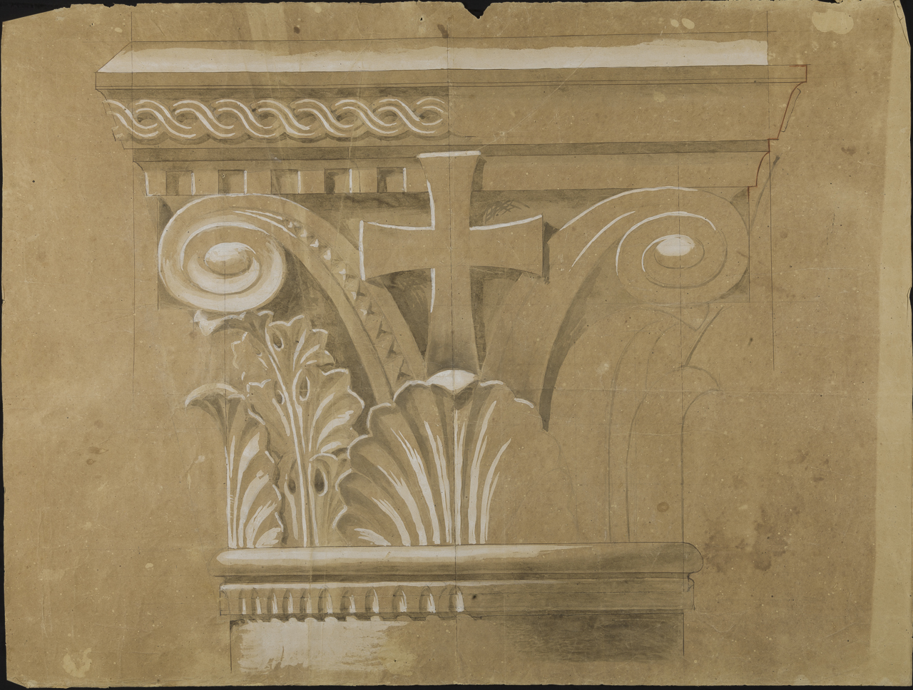 prospetto di capitello con decorazioni vegetali (disegno, opera isolata) di Arborio Mella Edoardo (attribuito) (sec. XIX)