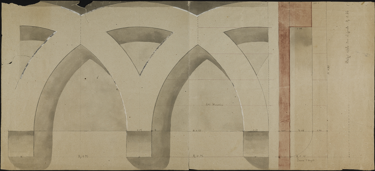 prospetto di porzione di cornice ad archetti intrecciati (disegno, opera isolata) di Arborio Mella Edoardo (attribuito) (sec. XIX)