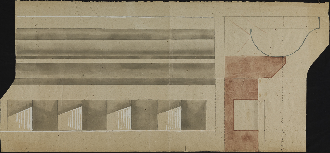 prospetto di porzione di cornice a dentelli (disegno, opera isolata) di Arborio Mella Edoardo (attribuito) (sec. XIX)