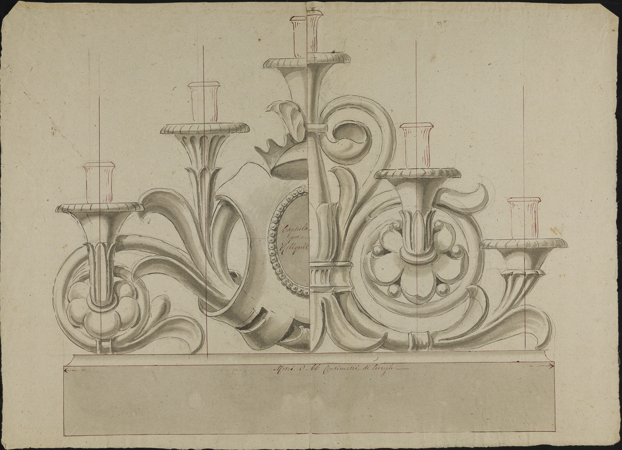 prospetto di candelabro a cinque bracci (disegno, opera isolata) di Arborio Mella Federico (attribuito) (secc. XIX/XX)