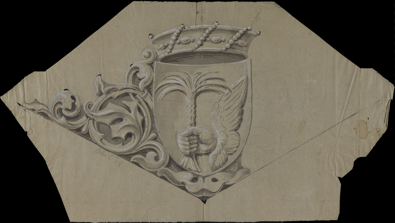prospetto di stemma per monumento funebre (disegno preparatorio, opera isolata) di Arborio Mella Edoardo (terzo quarto sec. XIX)