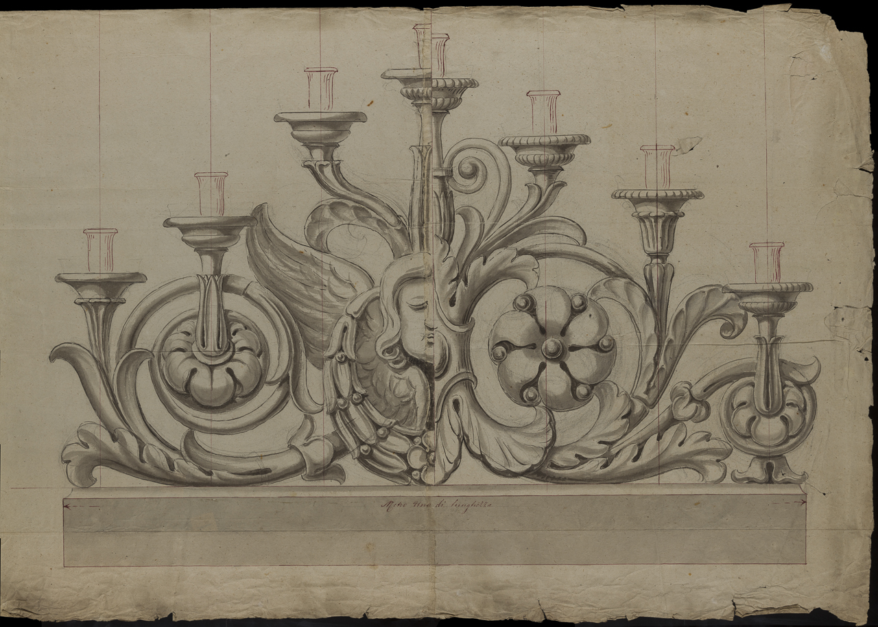 prospetto di candelabro figurato a sette bracci (disegno, opera isolata) di Arborio Mella Federico (attribuito) (secc. XIX/XX)
