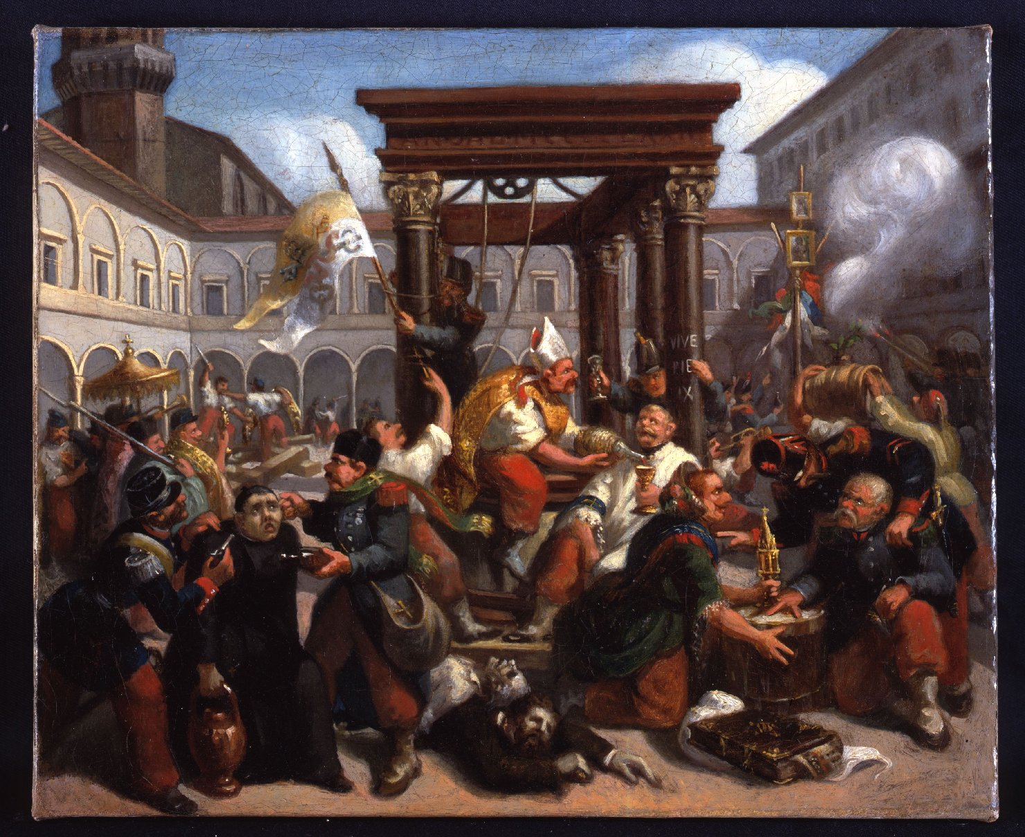 Gli Svizzeri nel cortile di San Pietro, episodio dei moti rivoluzionari del 1859 a Perugia (dipinto, elemento d'insieme) di Guardabassi Mariano (attribuito) (sec. XIX)