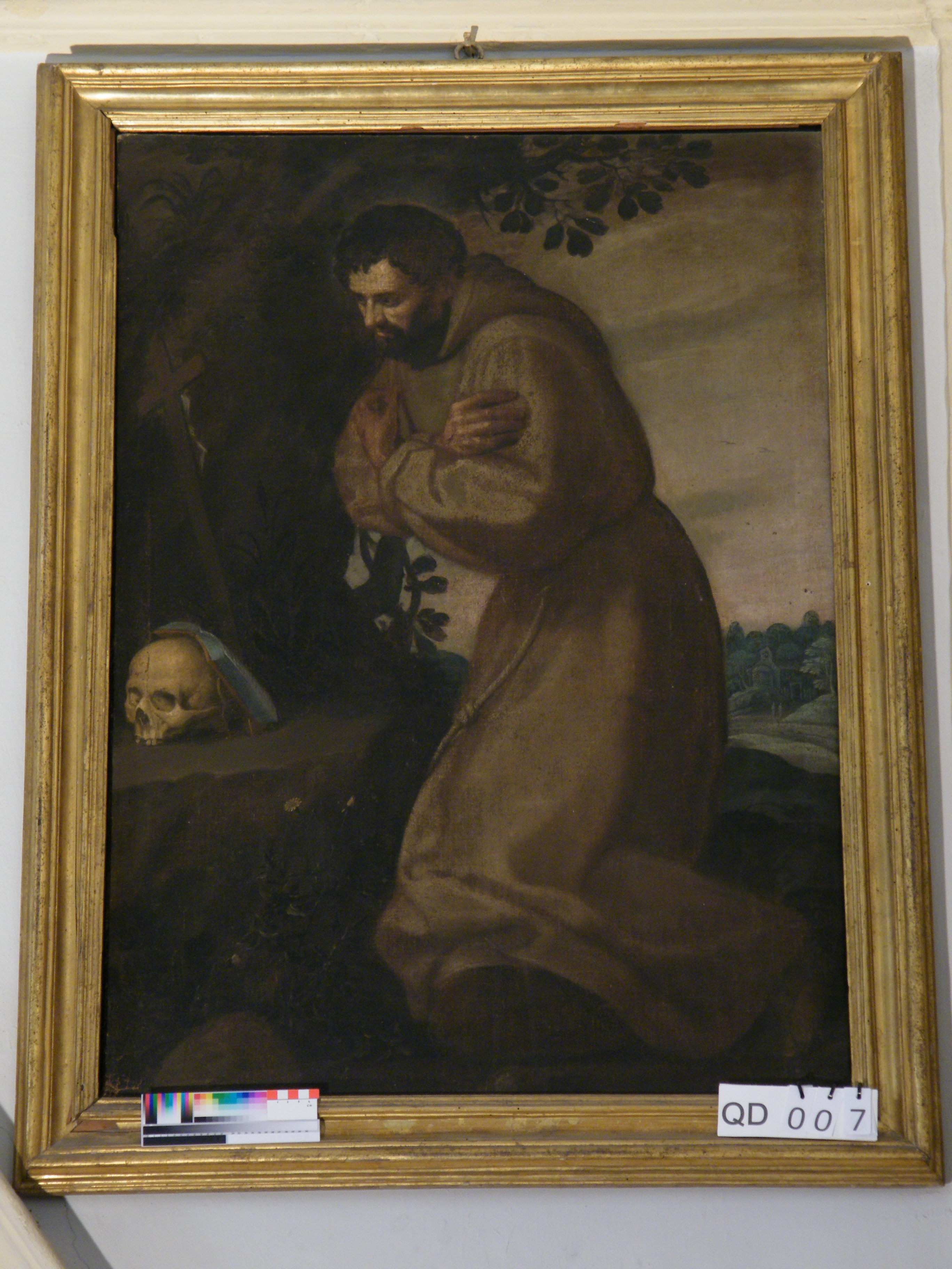 San Francesco d'Assisi in preghiera davanti alla croce (dipinto, opera isolata) - ambito emiliano (prima metà sec. XVII)