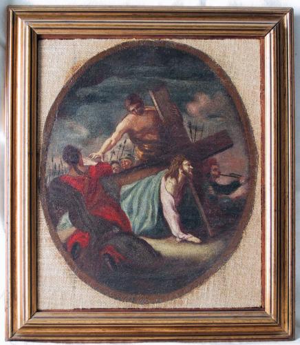 Cristo cade sotto la croce (dipinto, opera isolata) - ambito bolognese (prima metà sec. XVII)
