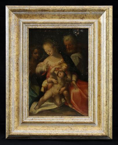 Sacra Famiglia con San Giovanni Battista bambino (dipinto, opera isolata) - ambito emiliano (sec. XVII)