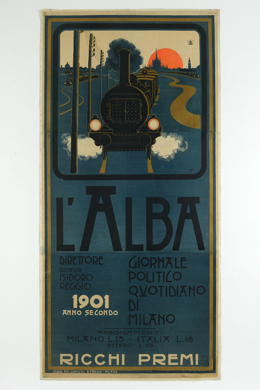 treni a vapore sullo sfondo di Milano (manifesto, stampa composita) di Taddio Arturo (sec. XX)