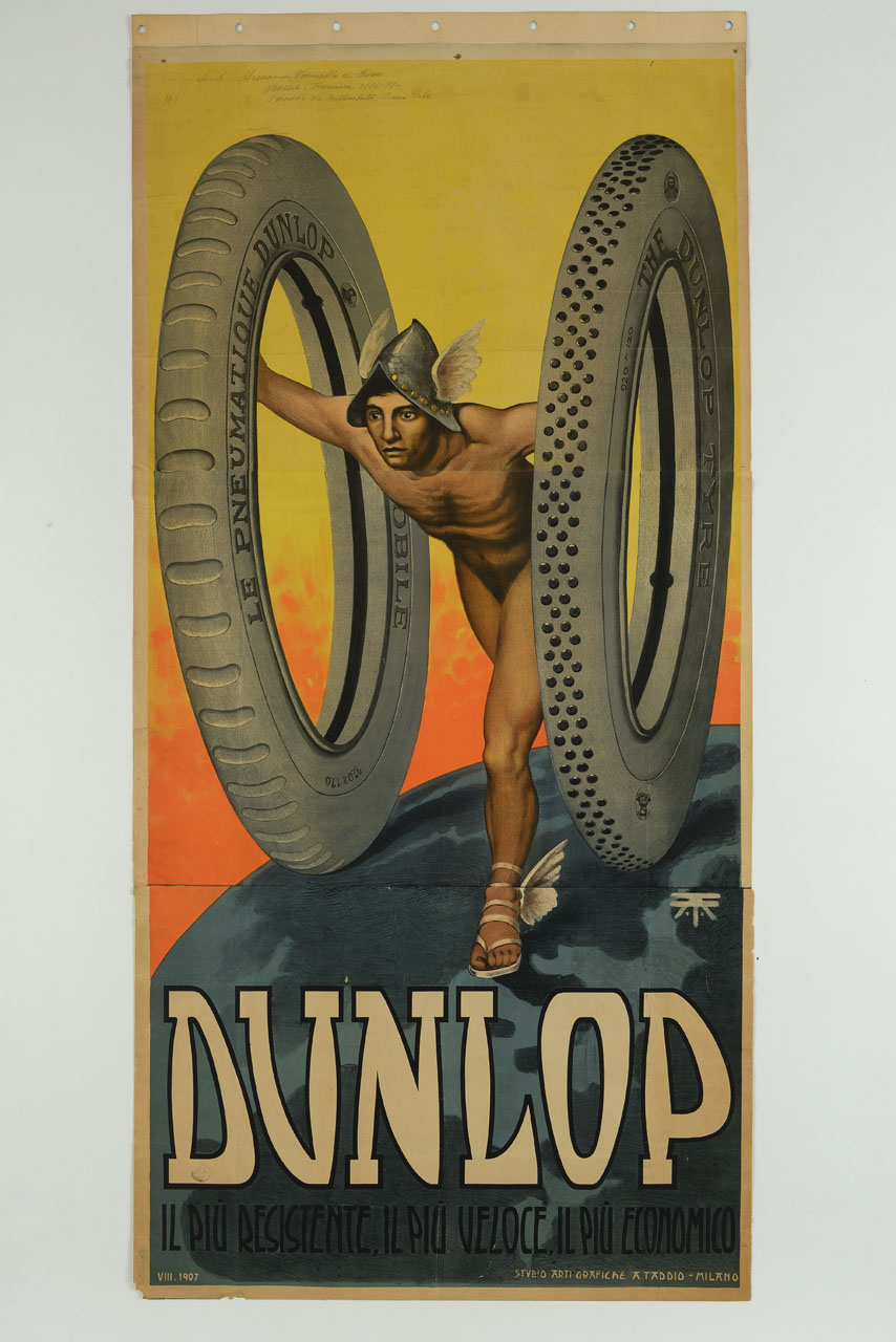 Mercurio spinge due pneumatici sul globo (manifesto, stampa composita) di Taddio Arturo (sec. XX)