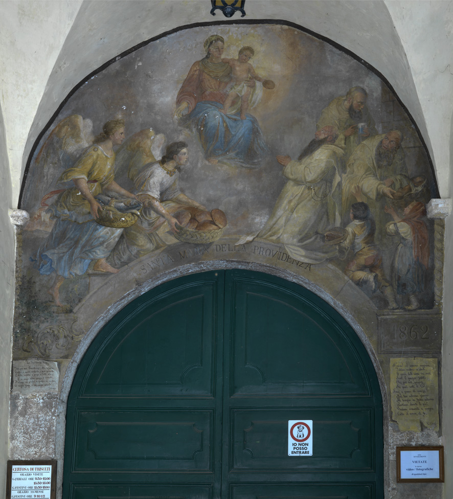Madonna con Bambino, angeli e monaci certosini che distribuiscono elemosina ai fanciulli bisognosi (dipinto murale) di Balbi Filippo (sec. XIX)