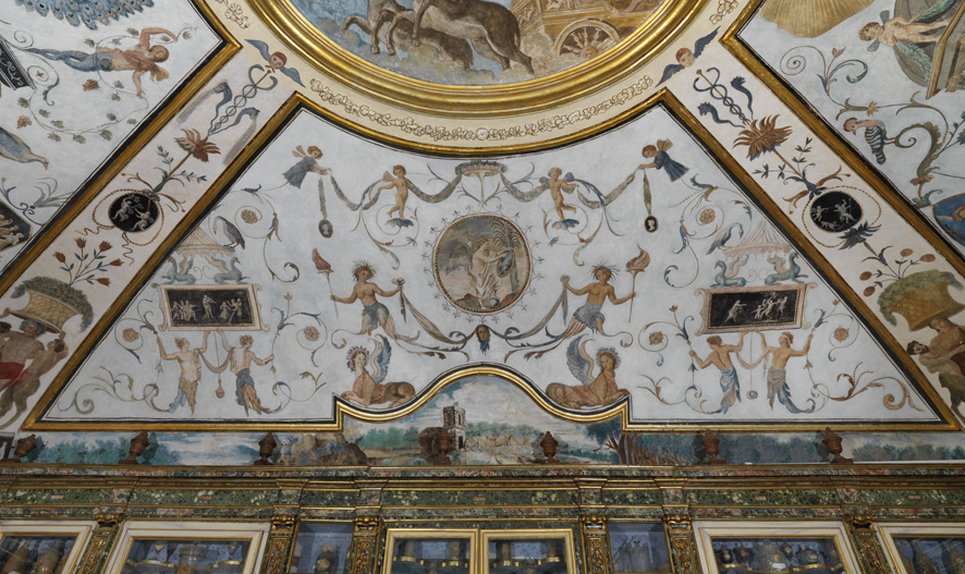 Prudenza ed episodi della storia di Apollo e Marsia (dipinto murale) di Manco Giacomo (sec. XVIII)