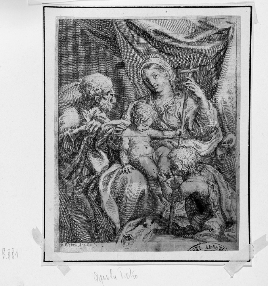 Sacra Famiglia con San Giovanni Battista bambino (stampa smarginata) di Aquila Pietro (sec. XVII)