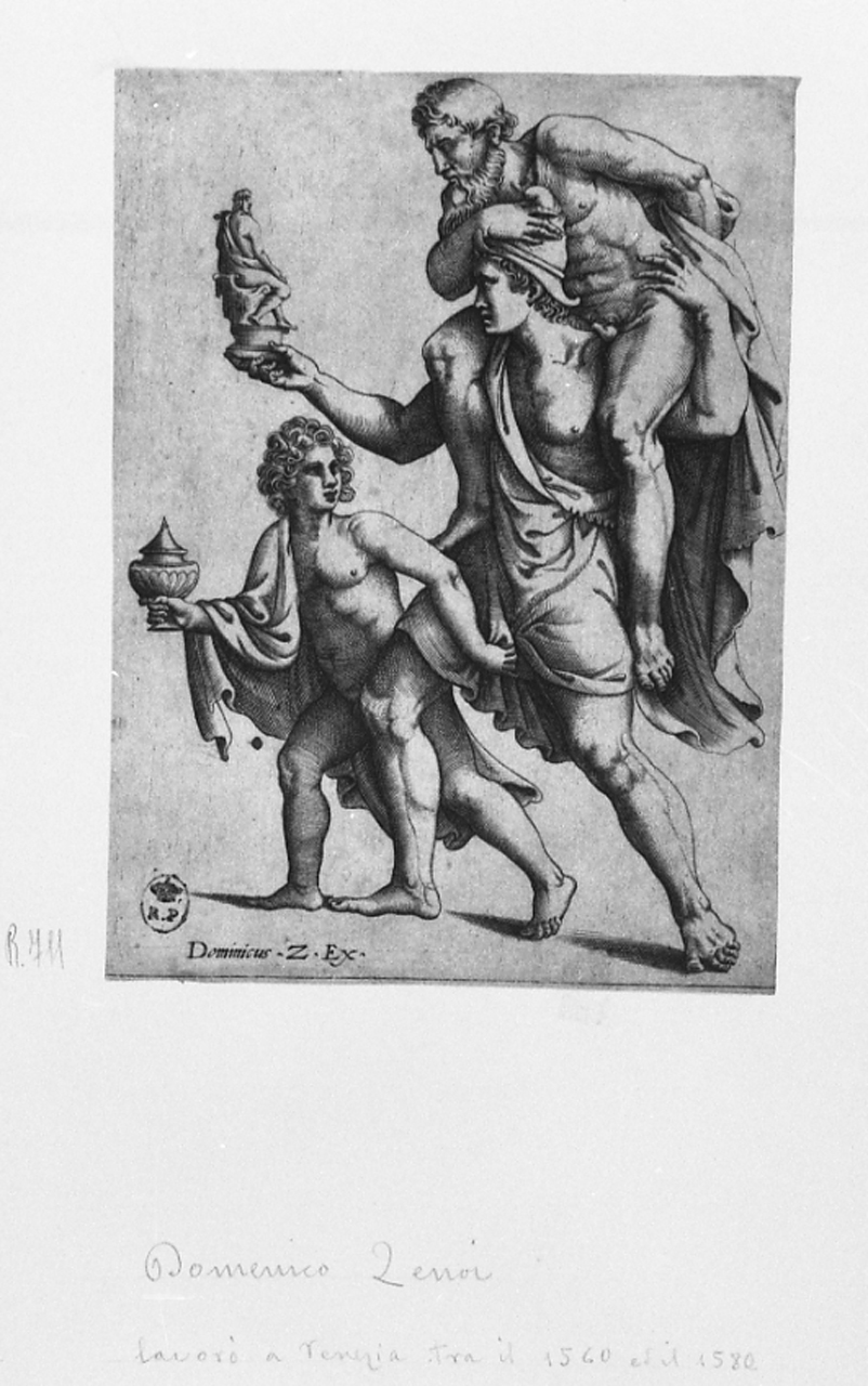 Enea e Anchise fuggono da Troia in fiamme (stampa smarginata) di Sanzio Raffaello, Zenoi Domenico (seconda metà sec. XVI)