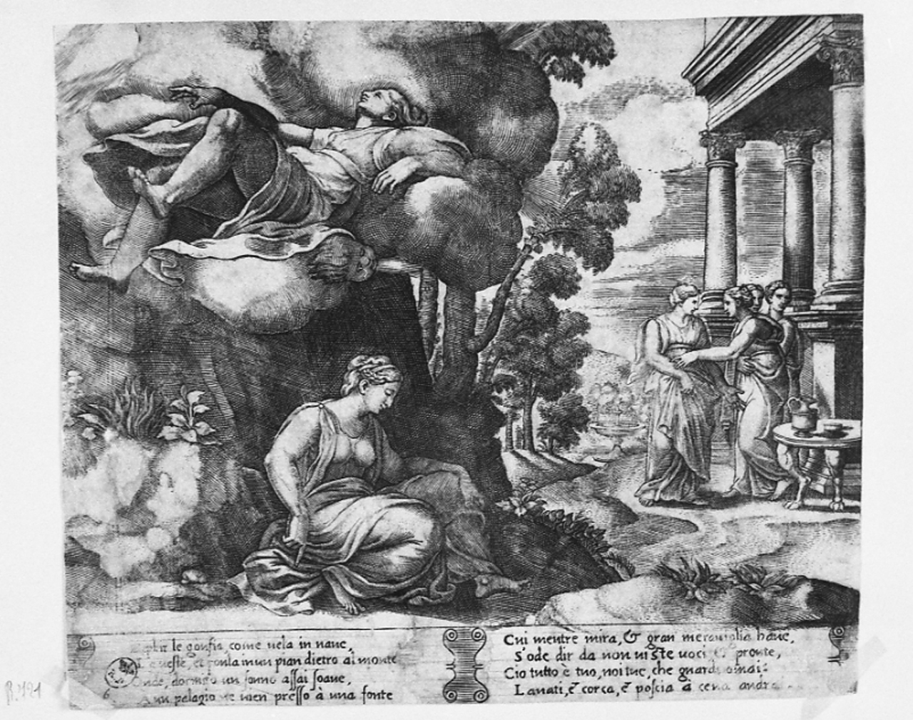 Zefiro conduce Psiche nel palazzo di Cupido (stampa smarginata, serie) di Coxie Michele, Daddi Bernardo detto il Maestro del Dado (prima metà sec. XVI)