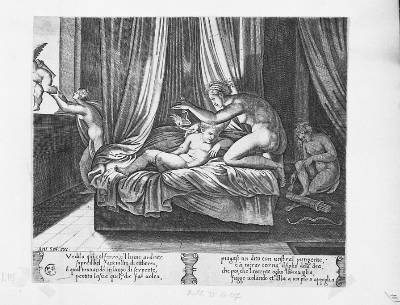 Psiche spia Cupido dormiente (stampa smarginata, serie) di De Musi Agostino, Daddi Bernardo detto il Maestro del Dado (prima metà sec. XVI)