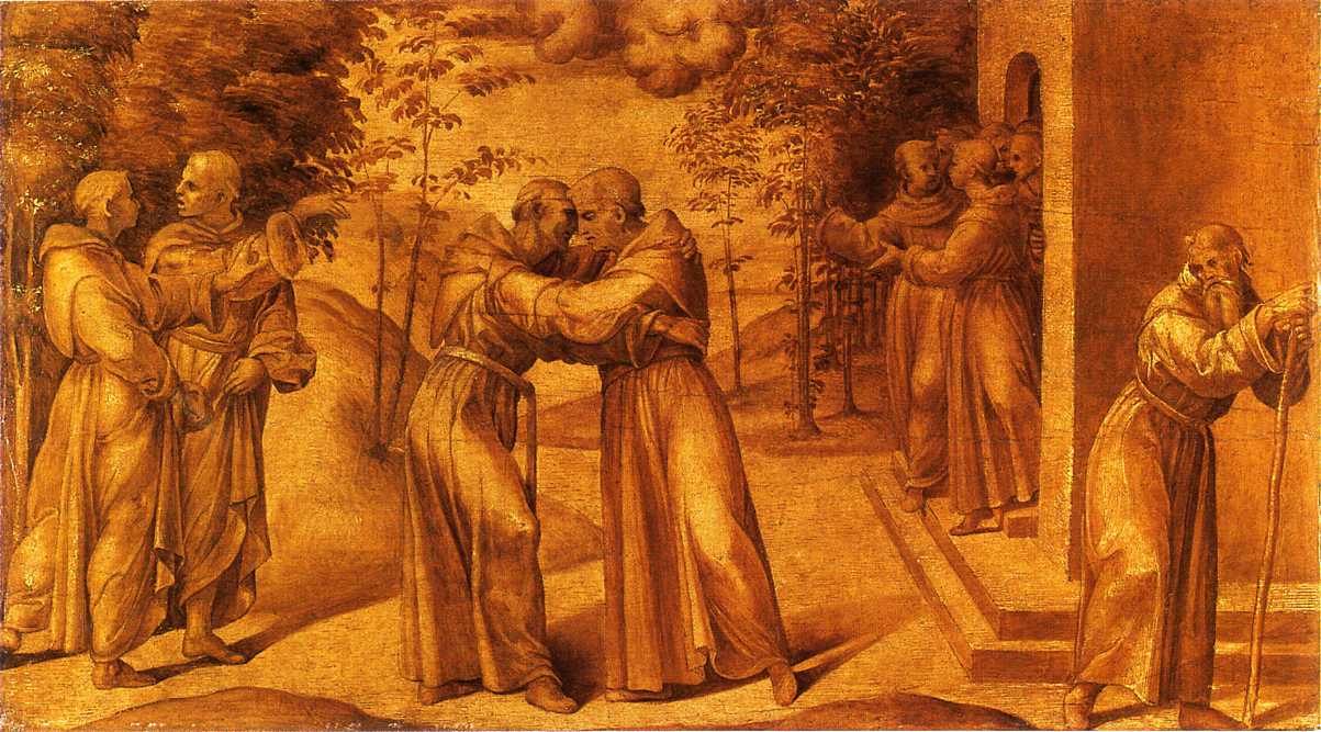 incontro tra San Francesco e San Domenico (dipinto) di Genga Girolamo (sec. XVI)