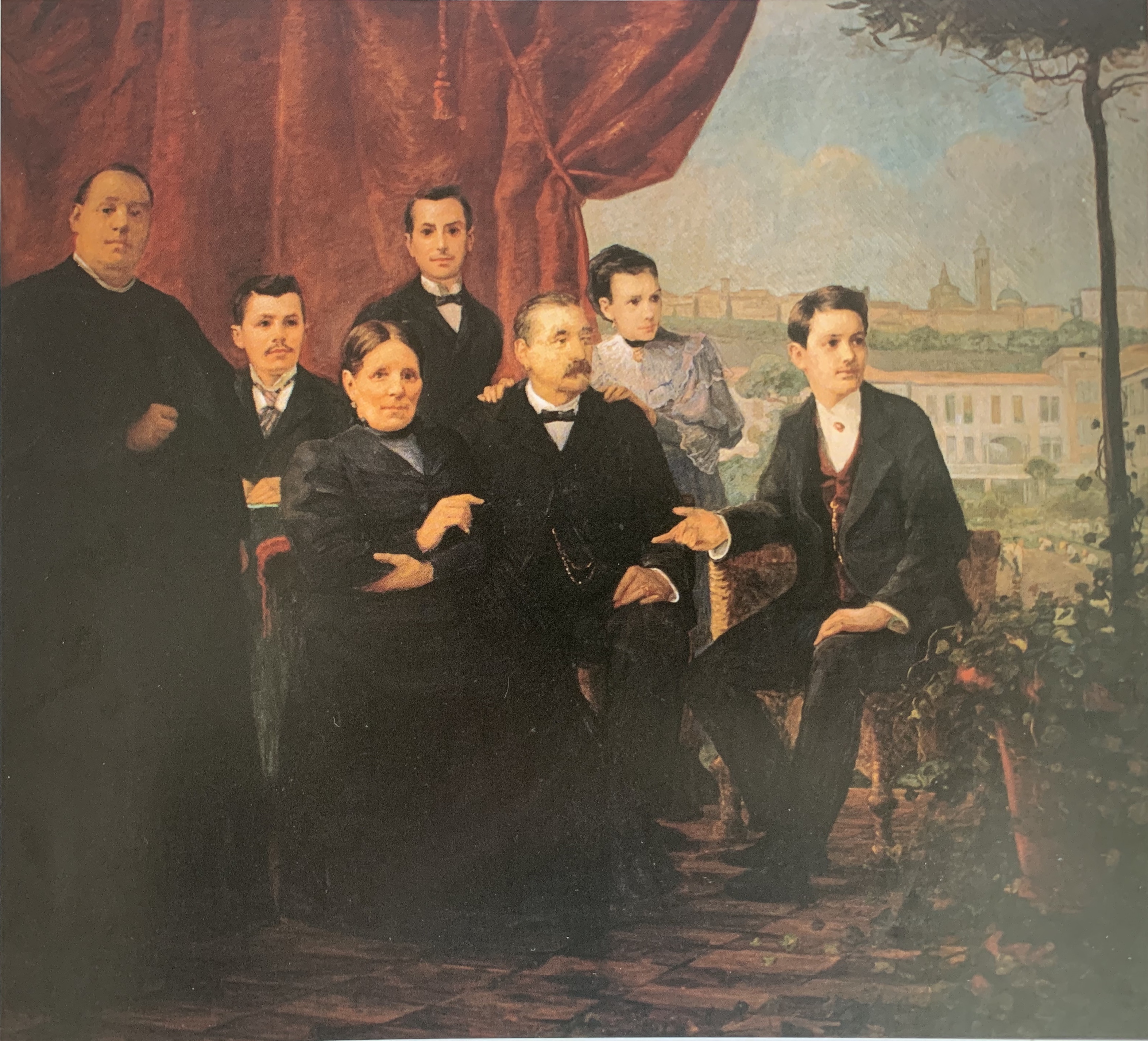 Ritratto della famiglia Carminati, ritratto di gruppo (dipinto, opera isolata) di Bonomelli Romeo (attribuito) - ambito bergamasco (secondo quarto sec. XX)