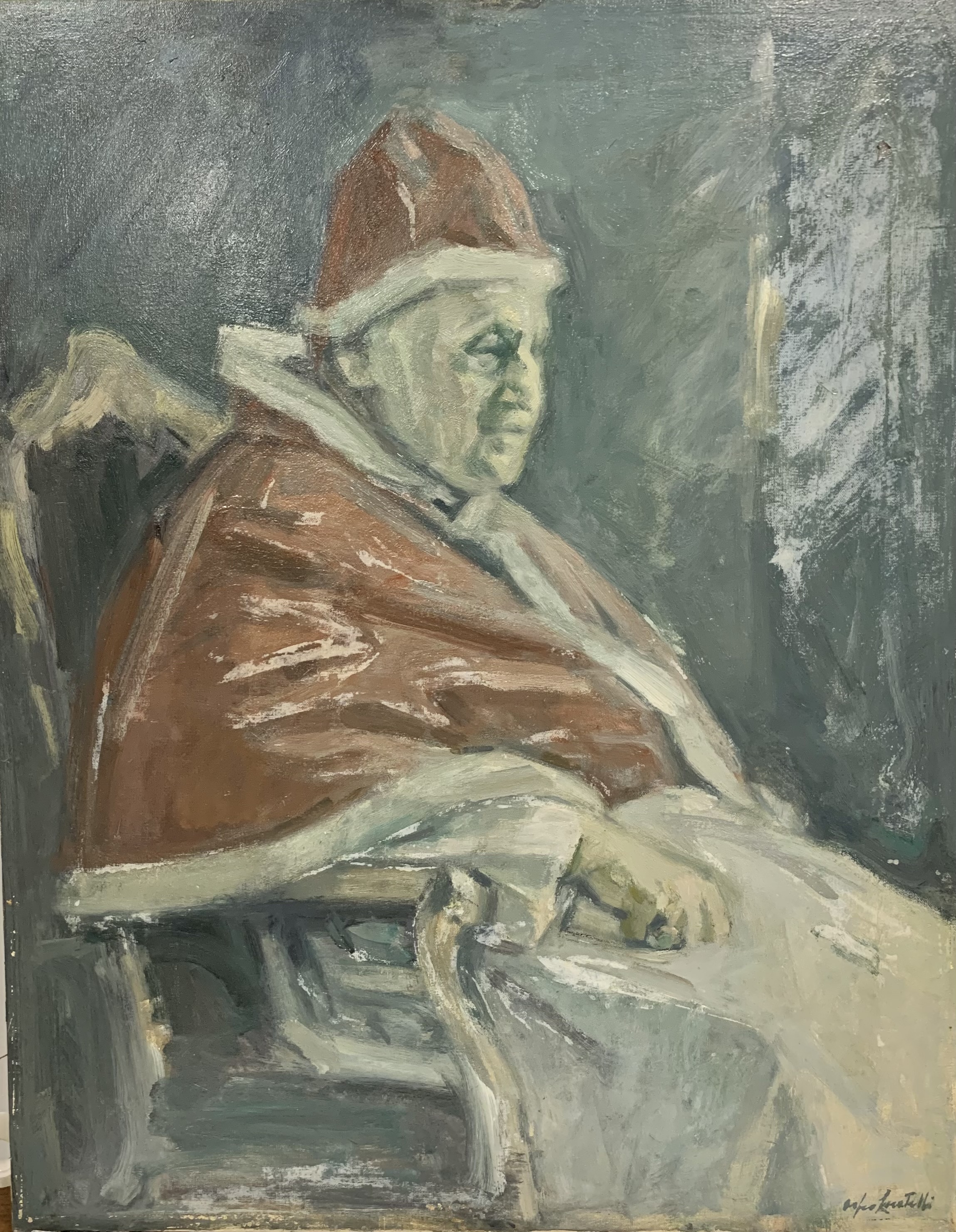 Papa Giovanni XXIII assiso in trono, Papa assiso in trono (dipinto, opera isolata) di Locatelli Orfeo (attribuito) - ambito bergamasco (ultimo quarto XX)