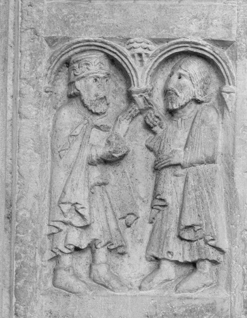 Astolfo dona ad Anselmo le terre di Nonantola (formella, elemento d'insieme) di Wiligelmo (sec. XII)