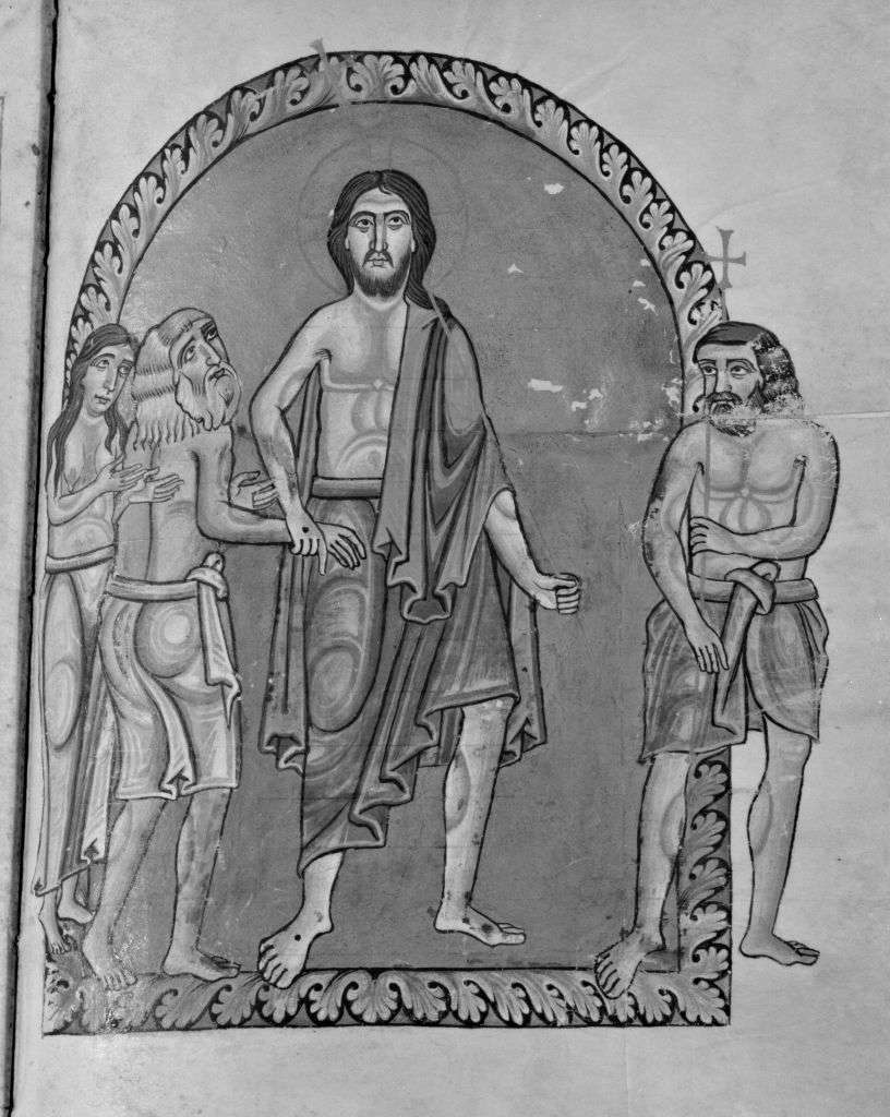 Cristo risorto con Adamo ed Eva e il buon pastore (miniatura) - ambito nonantolano (sec. XII)