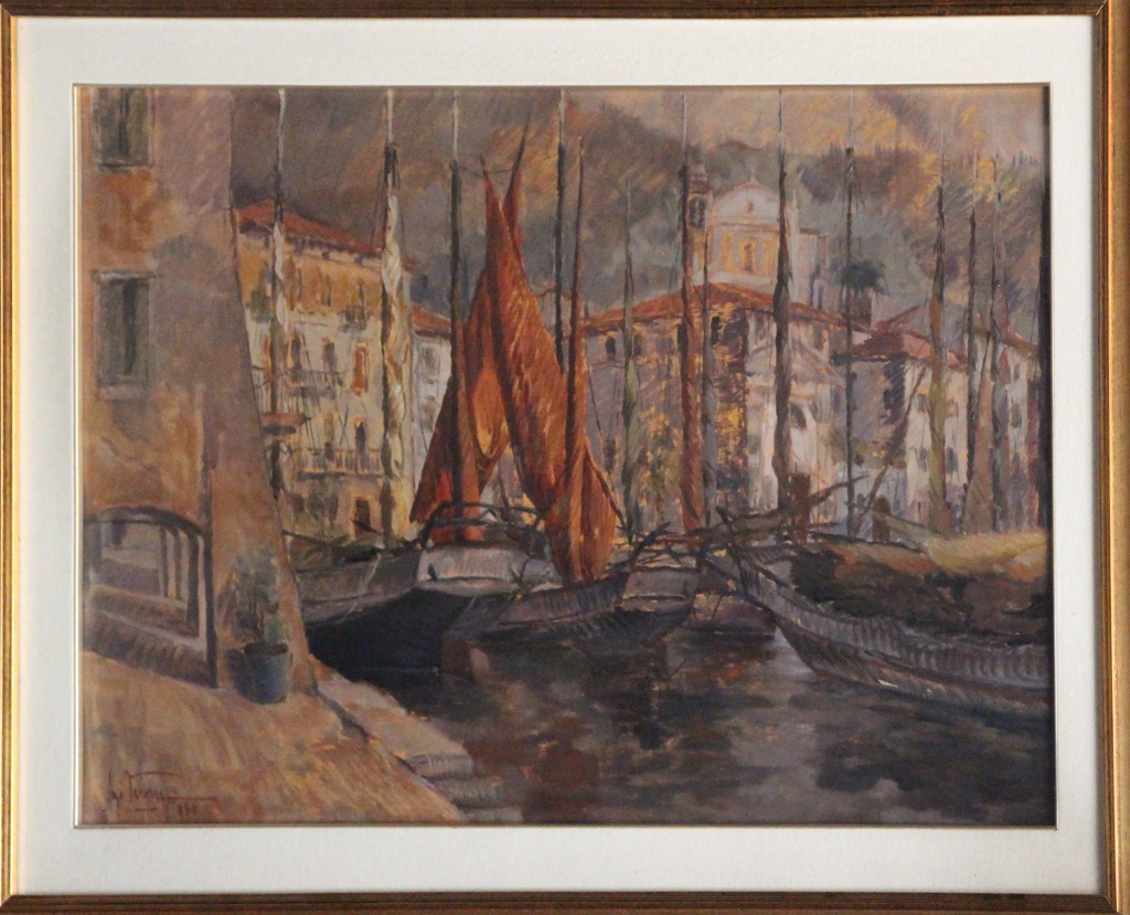 paesaggio con porto (dipinto) di Veronesi Luigi (sec. XX)