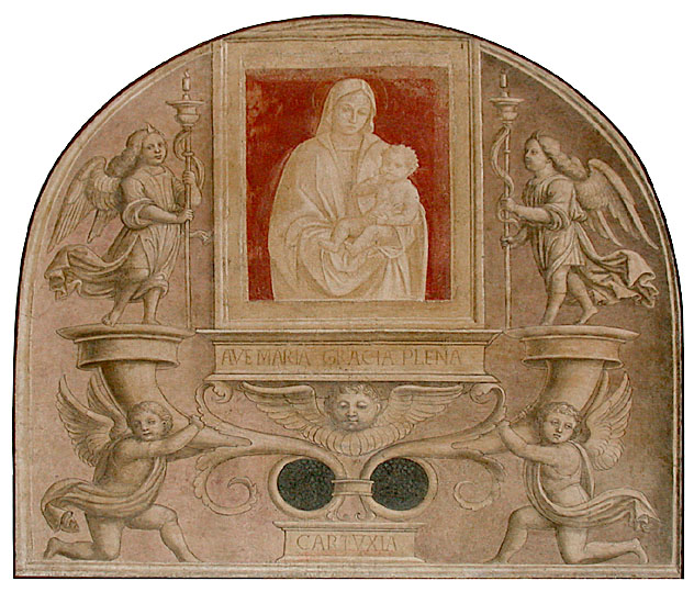 Madonna con Bambino e angeli (dipinto, opera isolata) di De Rossi Bernardino (attribuito) (inizio sec. XVI)