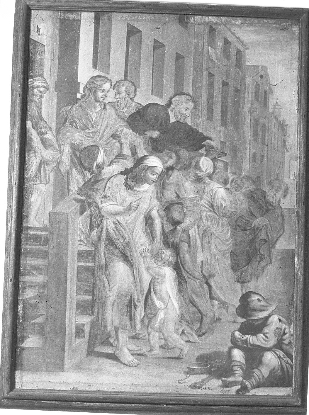 San Bruno distribuisce i beni ai poveri prima di partire di Grenoble (dipinto, elemento d'insieme) di Georgius (primo quarto sec. XVIII)