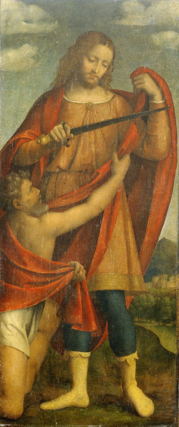 San Martino dona parte del mantello al povero (dipinto, opera isolata) di Luini Bernardino (fine/ inizio sec. XV)