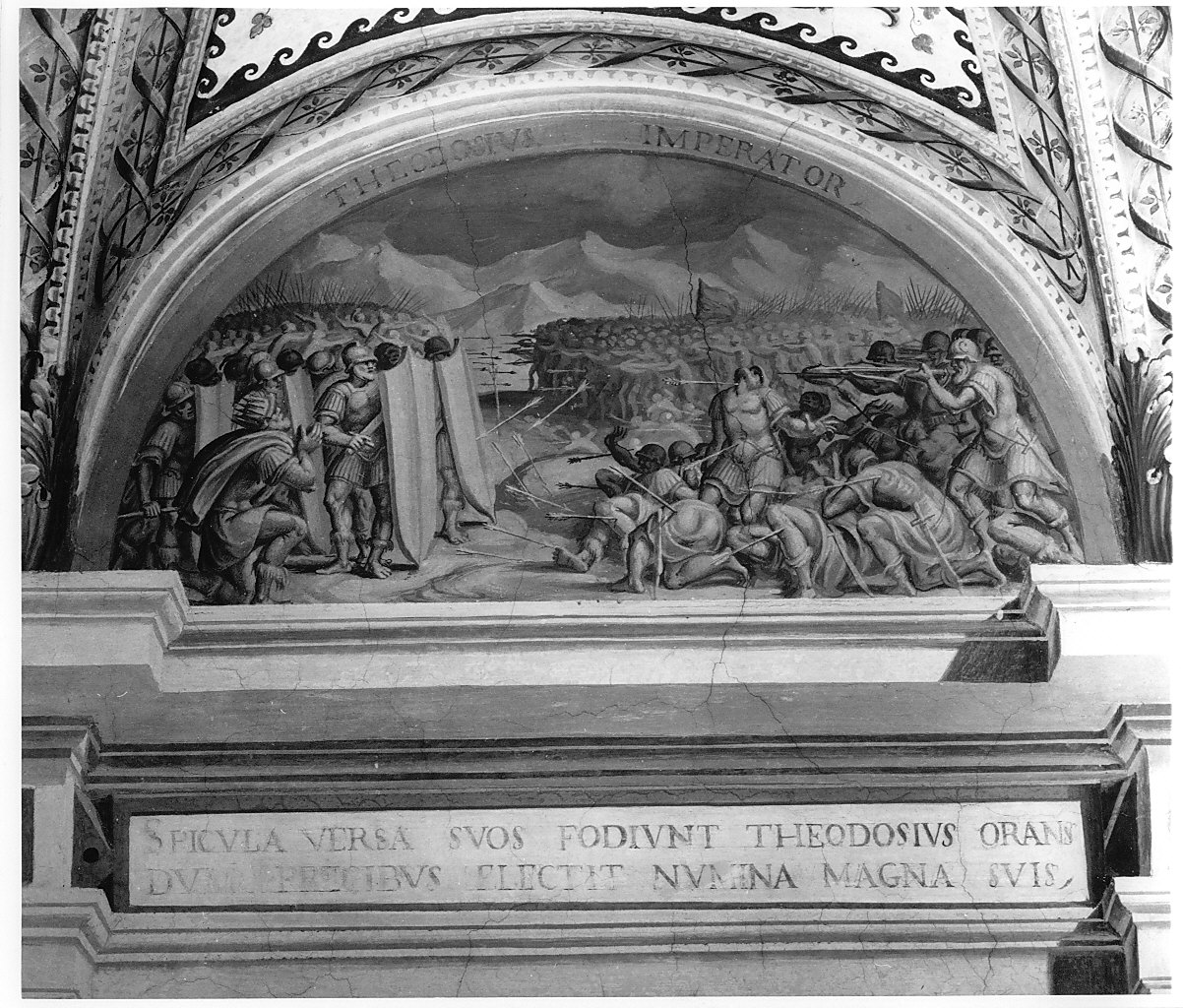 imperatore Teodosio in preghiera sul campo di battaglia (dipinto murale, elemento d'insieme) di Pozzo Giovan Battista (attribuito) (seconda metà sec. XVI)