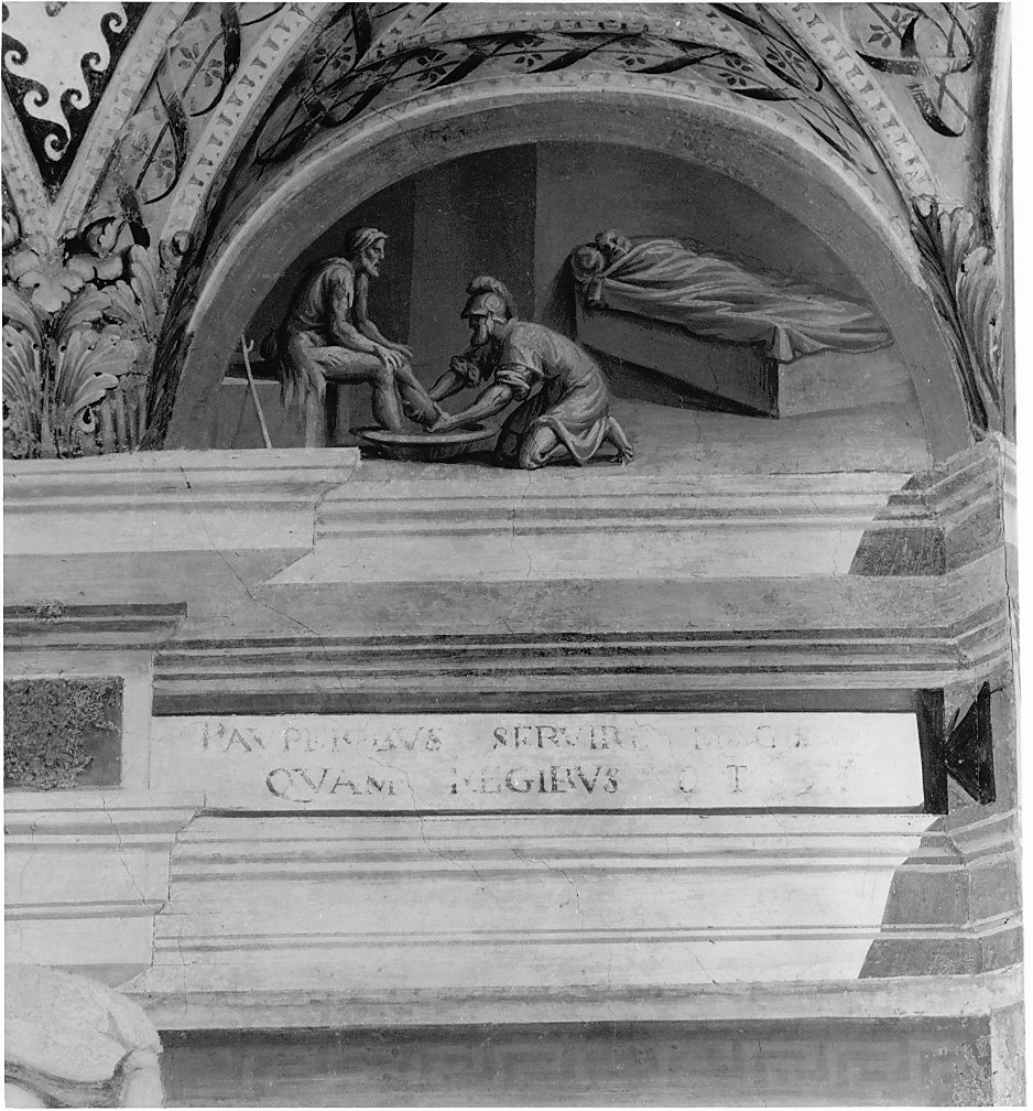 soldato lava i piedi a un povero (dipinto murale, elemento d'insieme) di Pozzo Giovan Battista (attribuito) (seconda metà sec. XVI)
