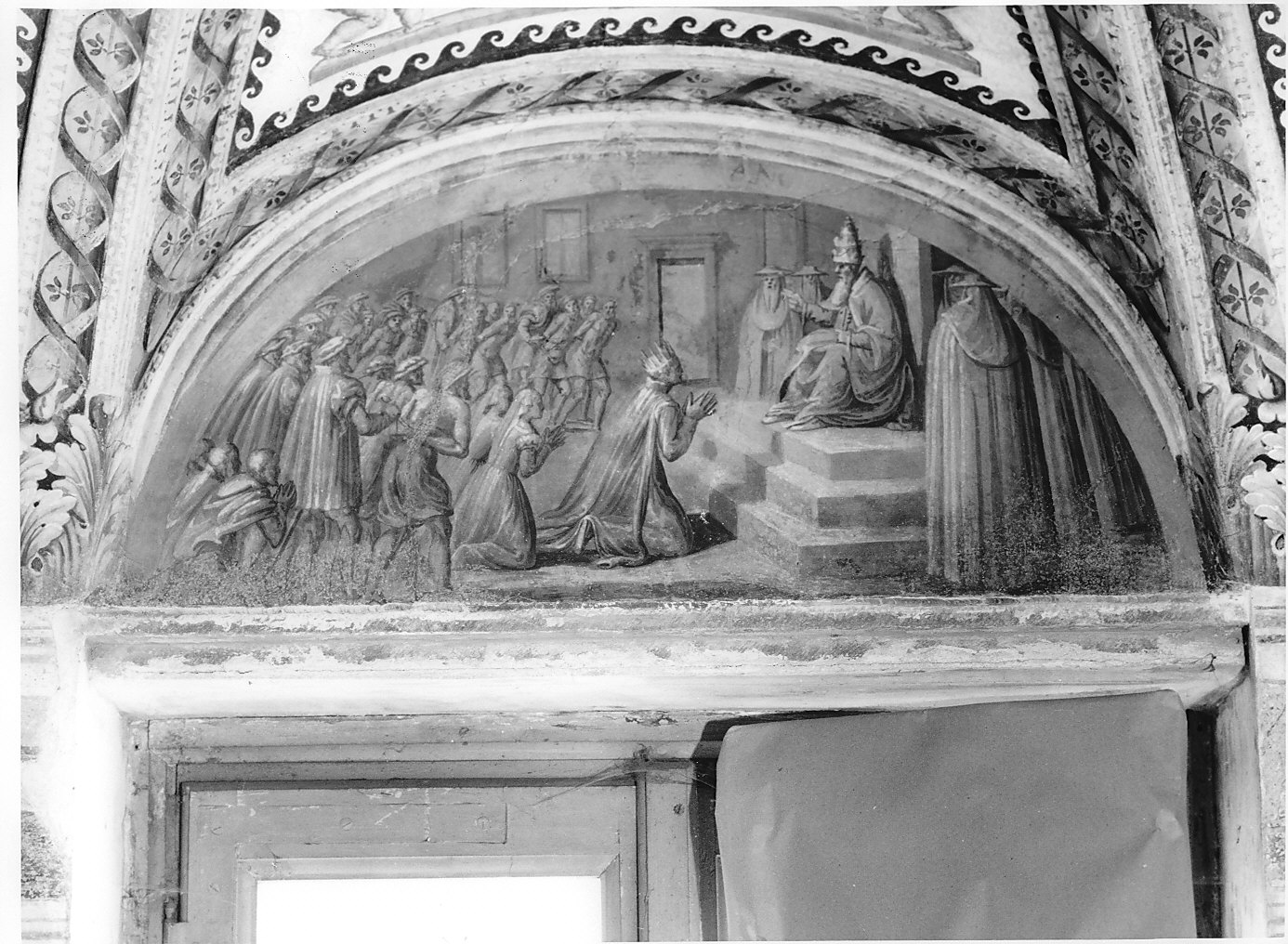 regina inginocchiata davanti al Papa (dipinto murale, elemento d'insieme) di Pozzo Giovan Battista (attribuito) (seconda metà sec. XVI)
