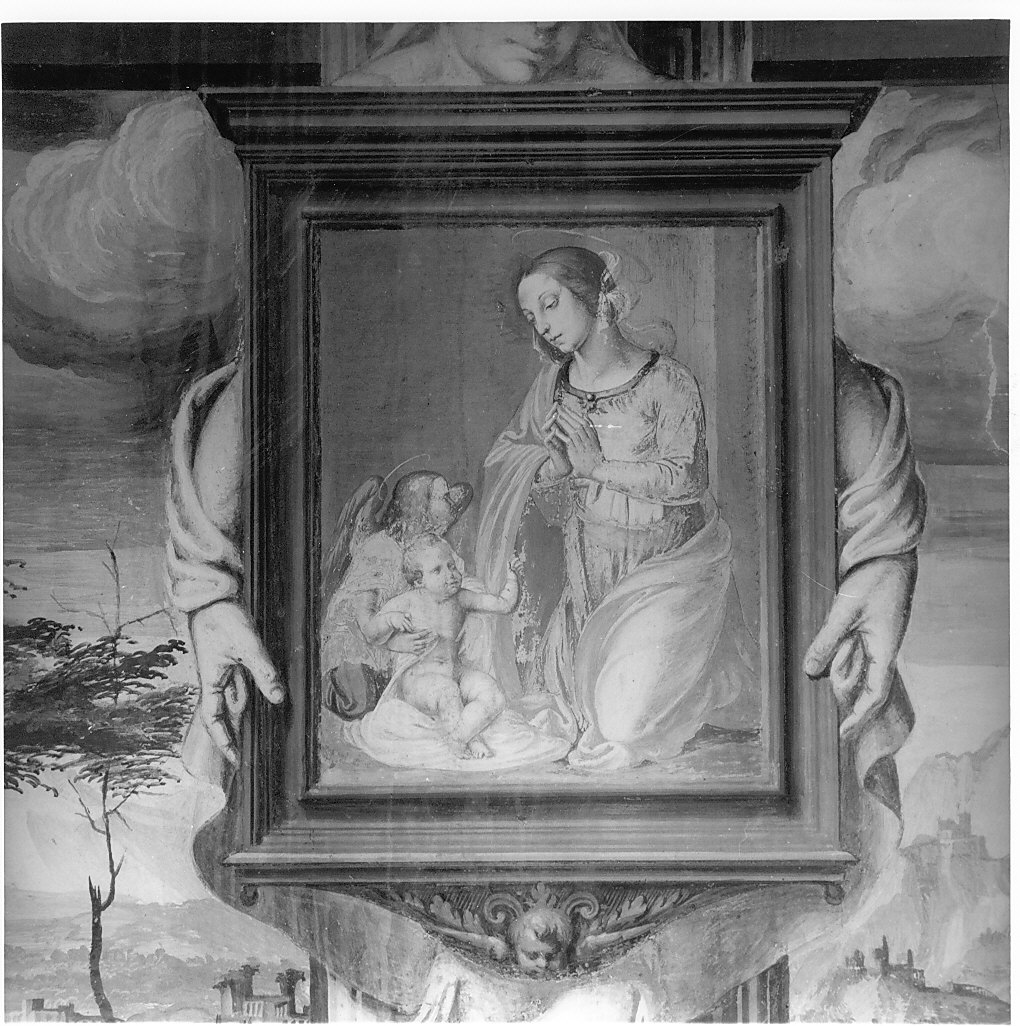 adorazione di Gesù Bambino (dipinto murale, elemento d'insieme) di Pozzo Giovan Battista (attribuito) (seconda metà sec. XVI)