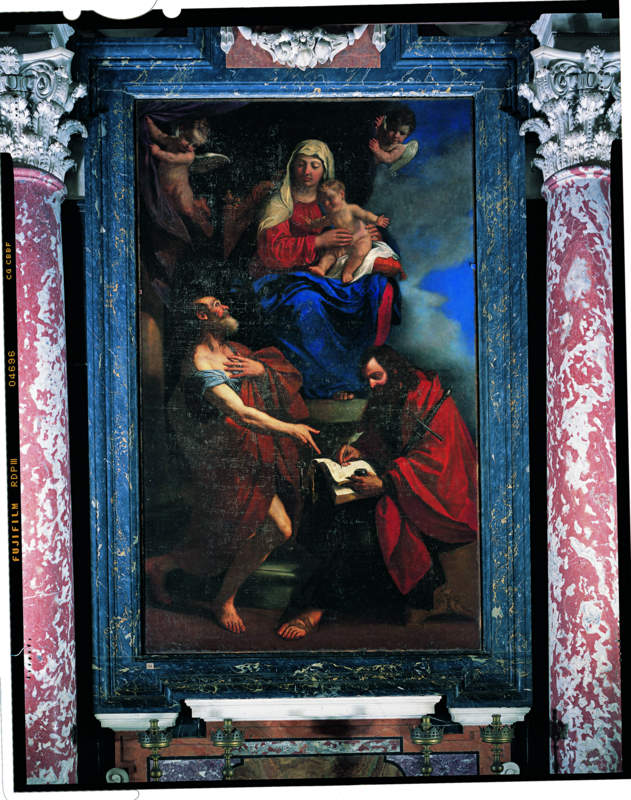 Madonna con Bambino in trono tra San Pietro e San Paolo (pala d'altare, opera isolata) di Barbieri Giovan Francesco detto Guercino (sec. XVII)