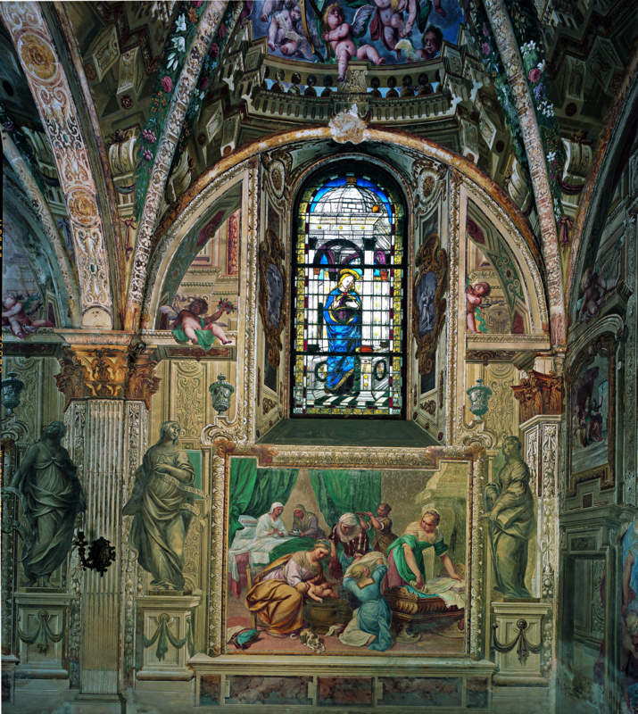 presentazione di Maria Vergine al tempio (a sinistra), nascita di Maria Vergine (a destra) (dipinto murale, elemento d'insieme) di Danedi Giovanni Stefano detto Montalto (e aiuti) (sec. XVII)