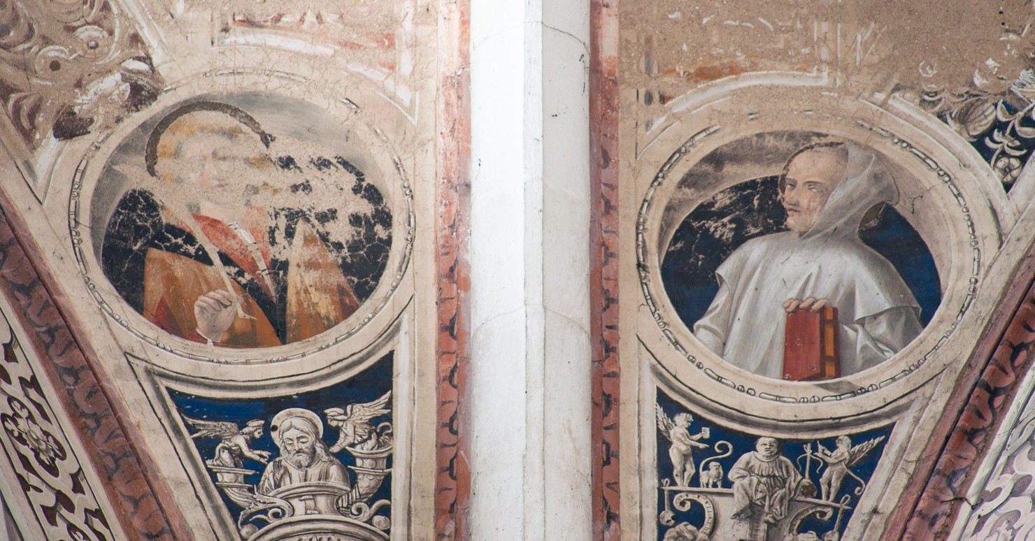 Santo martire con la croce (?) e Santo certosino (dipinto murale, elemento d'insieme) di De Mottis Iacopino (bottega) (sec. XV)