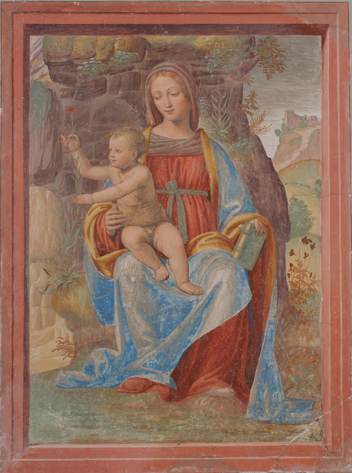 Madonna con Bambino (dipinto murale) di Luini Bernardino (attribuito) (sec. XVI)