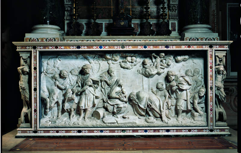 adorazione dei Re Magi (paliotto, elemento d'insieme) di Maestri Giovanni Battista detto Volpino (attribuito) (sec. XVII)